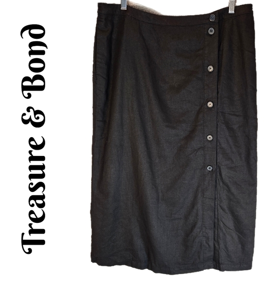 Tresure-Bond Womens Midi Skirt Sz XL Linen Blend Lined Pockets Front Button - Picture 1 of 11